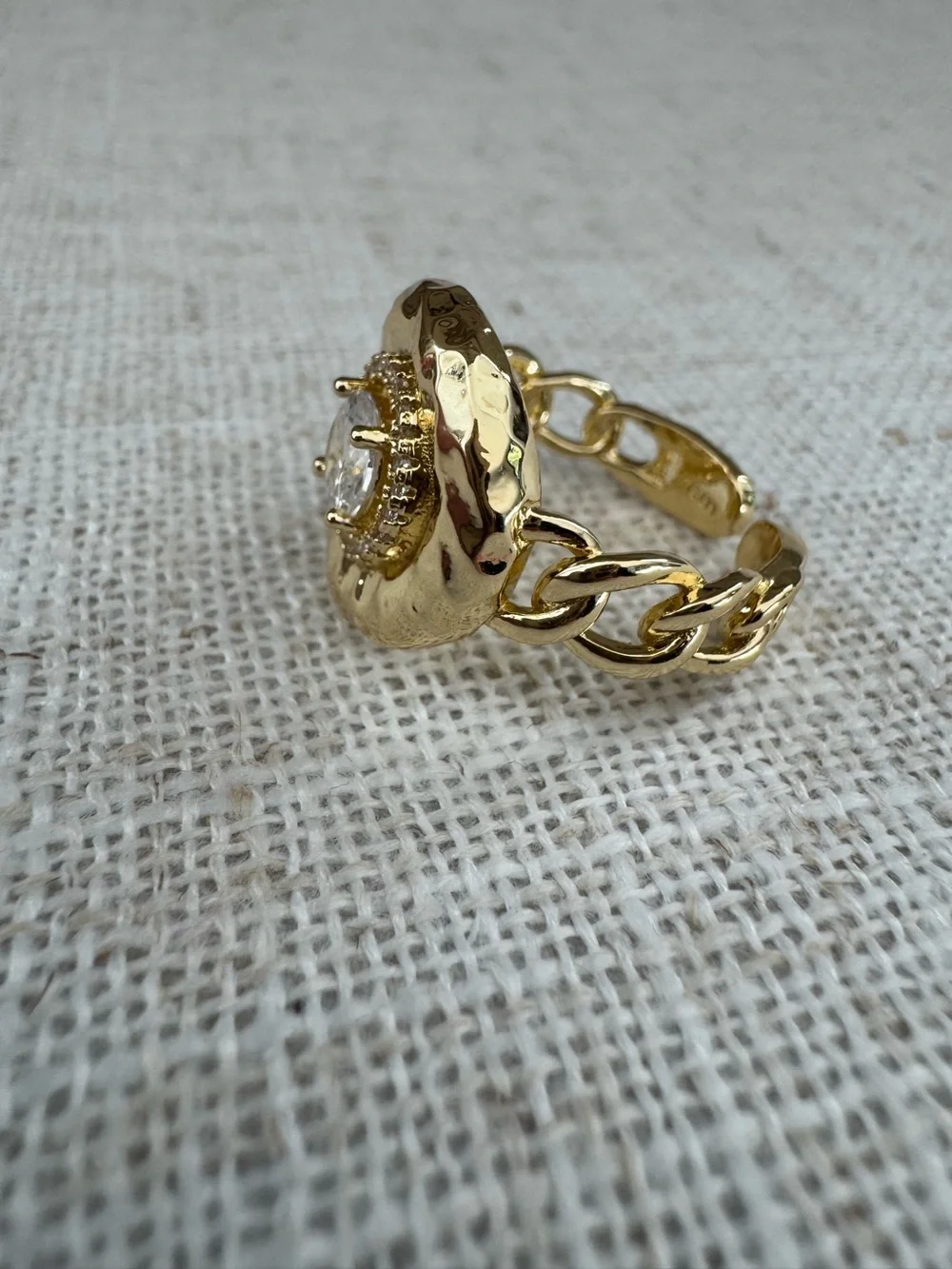 NEW Gold Chain-Link Ring Crystal Clear Stone NWOT One Size Adjustable